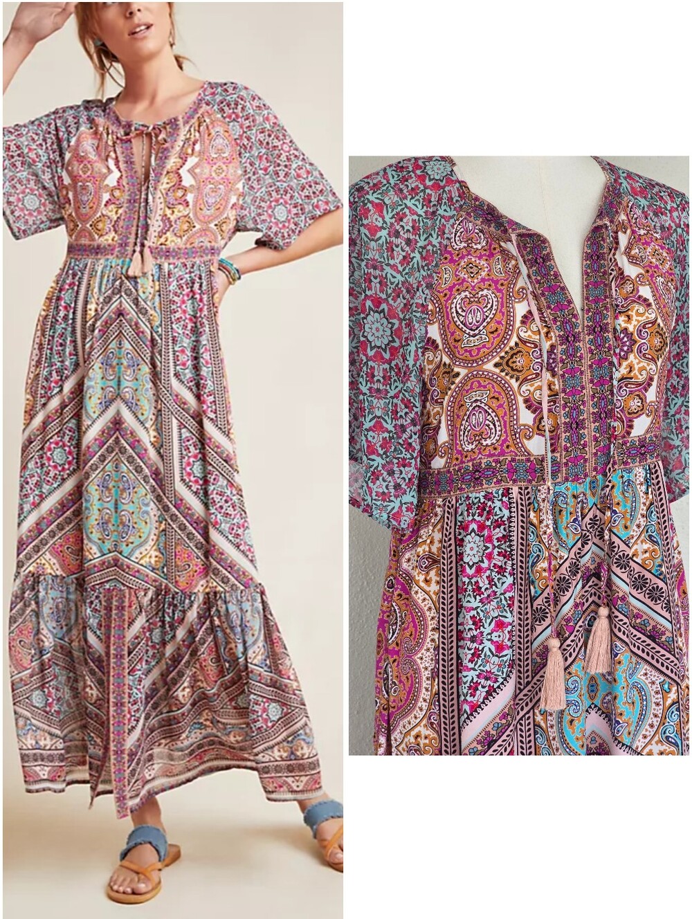 Anthropologie Kachel Boho Paisley Patchwork V-Neck Flutter Sleeve Maxi Tunic XS​